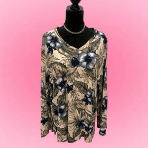 Jaclyn Smith Blue and Beige Floral Long Sleeve Top